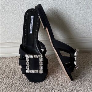 Manolo Blahnik Black Sandals with Crystal Embellishment